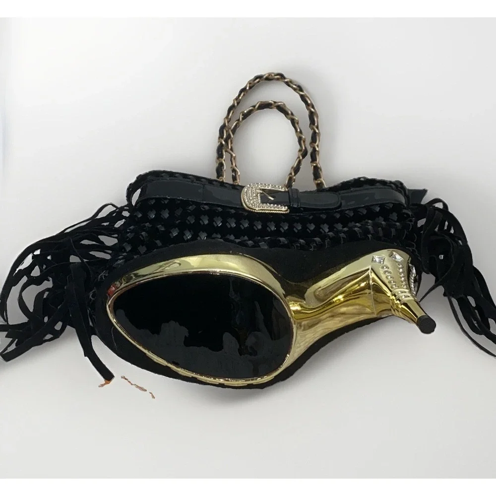 Rare Everything Blings Boutique Gold Stiletto Bling Handbag Black Fringe Purse